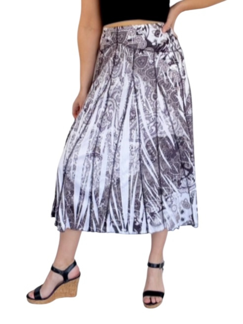 One World black white henna medallion print patchwork stretch midi skirt medium